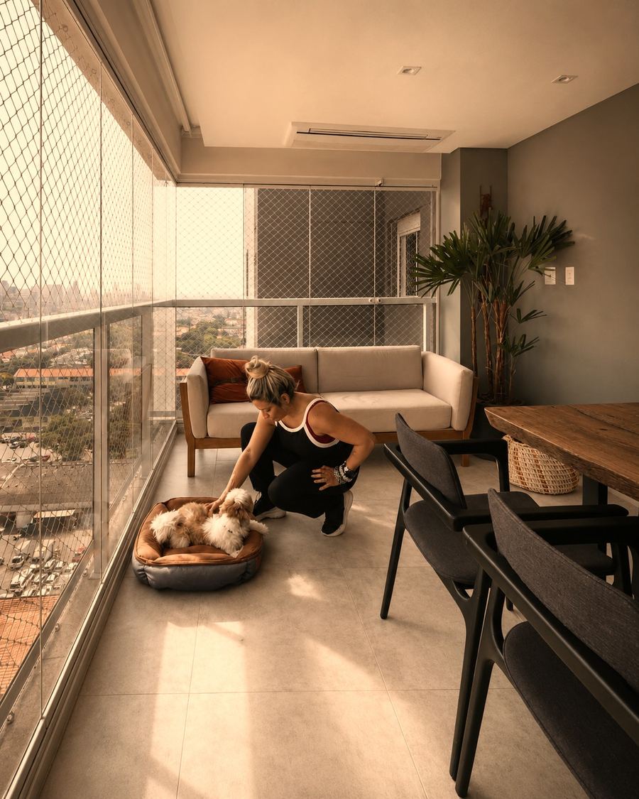 Sara Rollemberg com doguinho de cliente em visita de projeto, bastidores INSIDE, 2026, acervo INSIDE