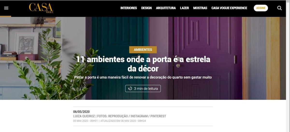 Primeira tela da matéria "11 ambientes onde a porta é a estrela da décor" publicada na Casa Vogue