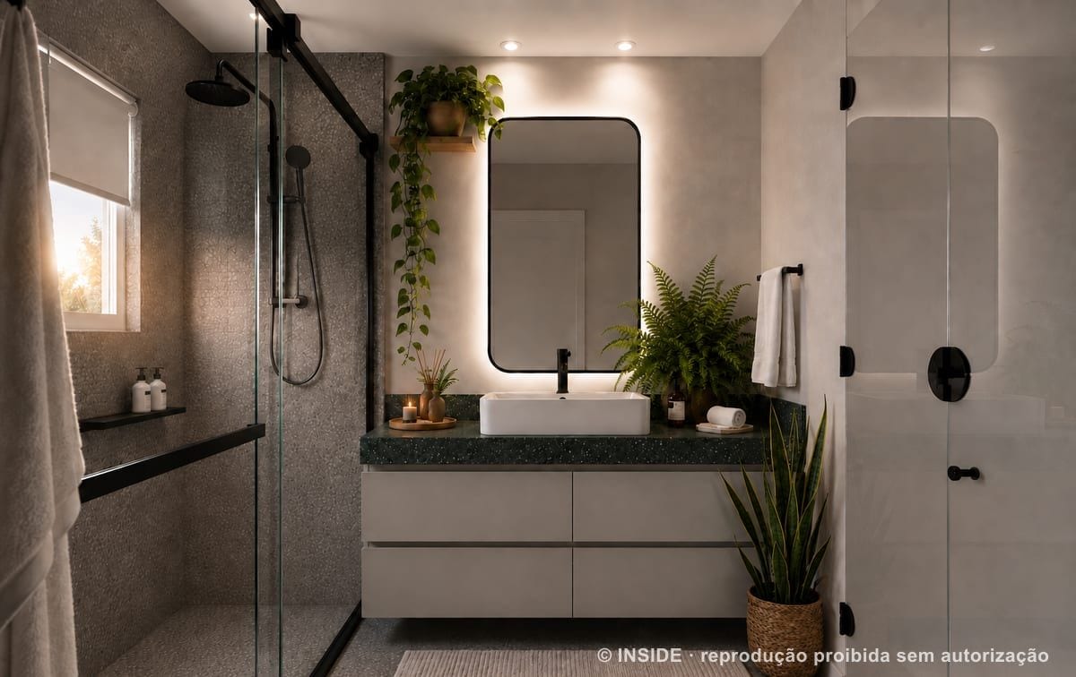 Render de banheiro de suíte, feito com IA pela INSIDE a partir de projeto real