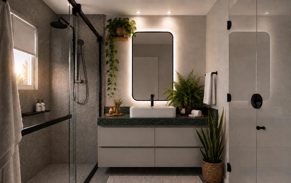 Render de banheiro master com bancada verde e plantas, feito com IA pela INSIDE