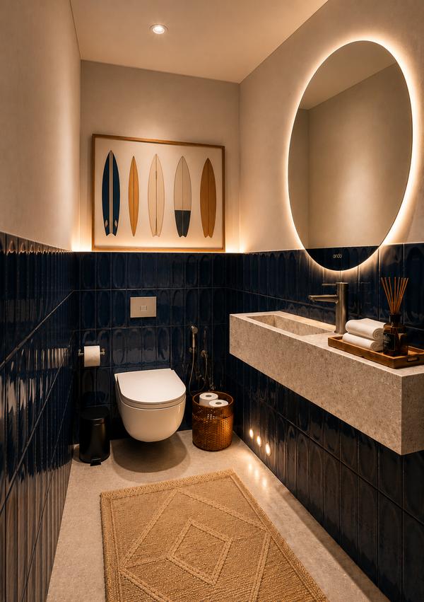 Render de lavabo azul cobalto com espelho circular retroiluminado, feito com IA pela INSIDE
